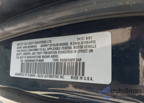 2002 Subaru Outback z USA, uszkodzony, nr VIN 4S3BH665927618628